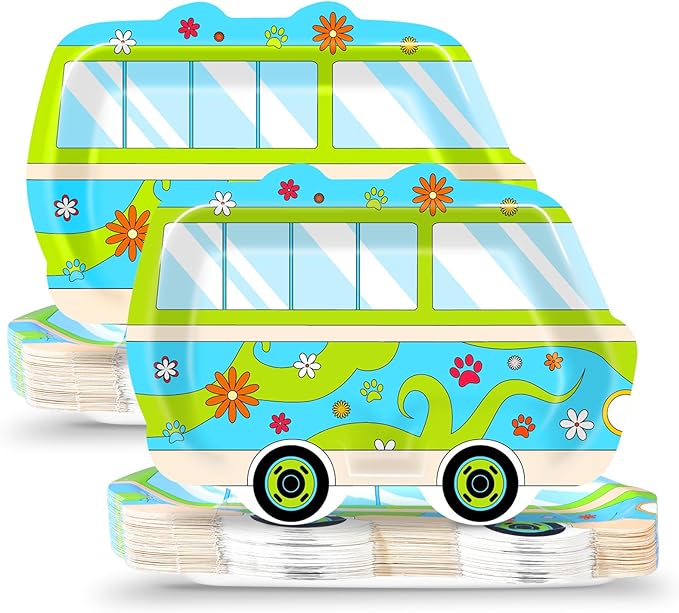 50PCS Mysterious Car Dog Birthday Party Decorations Mystery Car Theme Paper Plates for Kids Hippie Bus Disposable Dinner Dessert Plates Daisy Cartoon Dog Paw Dinnerware Baby Shower Party Supplies