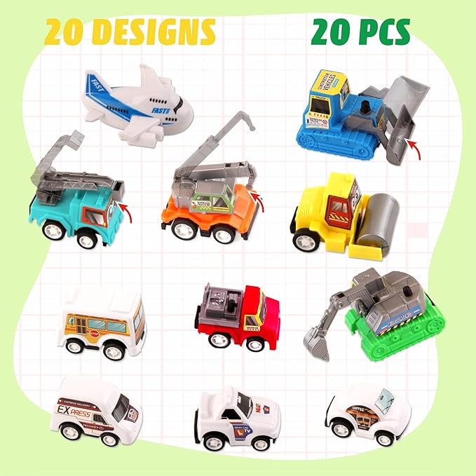 20 PCS Pull Back City Die-Cast Cars Trucks Vehicles Toy Stocking Stuffers for Toddlers Kids Grandkids Party Favor Goodie Bags Stuffers for Kids Christmas Birthday Gifts (20 Pack)