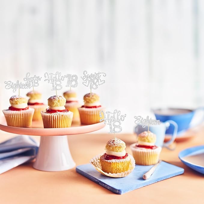 30Pcs18th Birthday Cupcake Toppers Eighteen Happy 18th Cupcake Picks Sweet 18 Cheers to 18 Cake Decorations for 18th Birthday Anniversary Party Supplies Silver Glitter