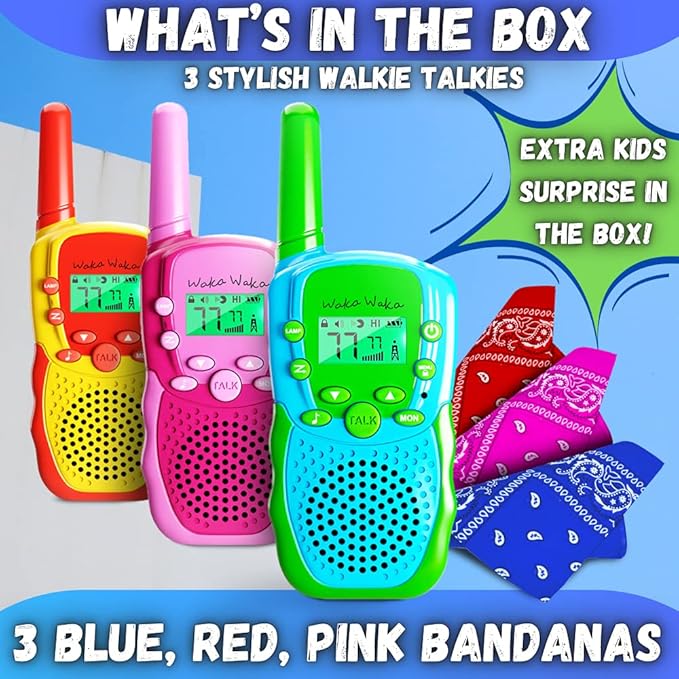 Waka Waka Walkie Talkies for Kids (3 Pack, Yellow, Red, Green) — Long Range Two-Way Walkie Talkie Set with Bandanas and Whistles Included — Great for Indoor or Outdoor Play — Gift for Boys and Girls