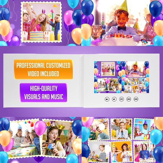 Video Birthday Greeting Card for Kids – Add Your Photos – Custom Animated Slideshow Gift – 7” IPS Screen, 8GB Memory, USB Charging, Ready to Play on Arrival