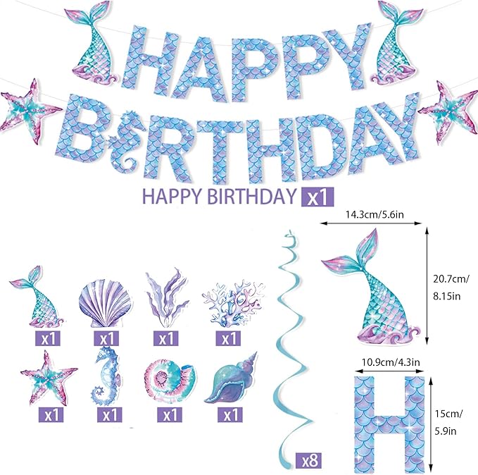 Zwiebeco Mermaid Happy Birthday Party Decoration Banner Bunting Garland Hanging Paper Swirls Kit for Kids Girls Under the Sea Theme Accessories Supplies
