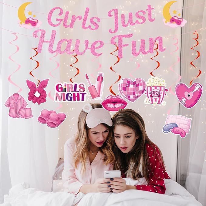 Slumber Party Decorations for Girls - 12 Pcs Spa Pajama Party Decorations for Adults, Sleepover Pink Party Supplies, Girls Just Have Fun Night Decoration