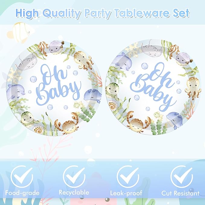 40pcs Under The Sea Baby Shower Decorations Sea Animal Theme Tableware Set Birthday Party Plates and Napkins Ocean Themed Party Decorations Supplies