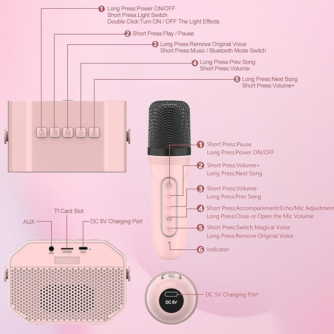 Karaoke Machine for Kids, Portable Bluetooth Speakers with Wireless Microphone Karaoke for Kids and Adults with LED Lights, Gifts for Girls and Boys Birthday Home Party - Pink