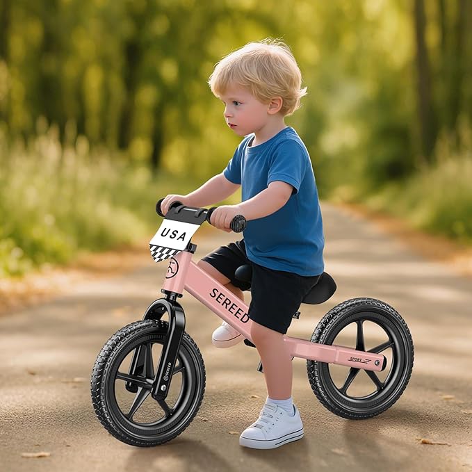 SEREED Toddler Balance Bike 2 Year Old, No Pedal Kids Toy Bike for 2-5 Years Old, Tool-Free Adjustment, Gift for 2-3 Girls, Customize Plate with 3pcs Stickers (Pink)