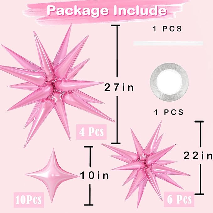 20 Pcs Star Balloons Explosion Foil Balloon- 12 Point 27”22”Pink Spike Balloons and Four Pointed Star Balloon for Party Supplies Christmas Birthday Wedding Photo Booth (Pink)