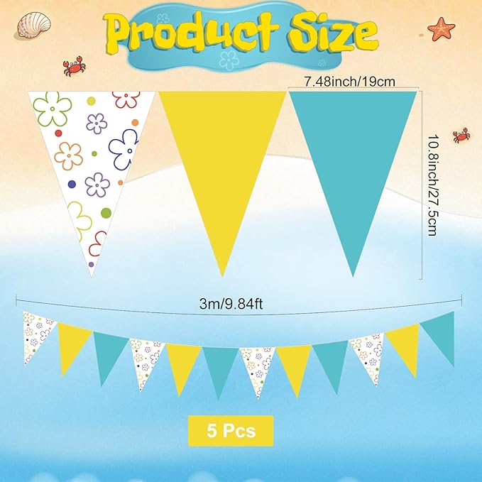 Jetec 5 Pack 49 ft Cartoon Sponge Theme Pennant Banner, Triangle Flags Bunting Garland, Birthday Party Decorations, Baby Shower Supplies, Outdoor Indoor Cartoon Theme Banner Sponge Decor