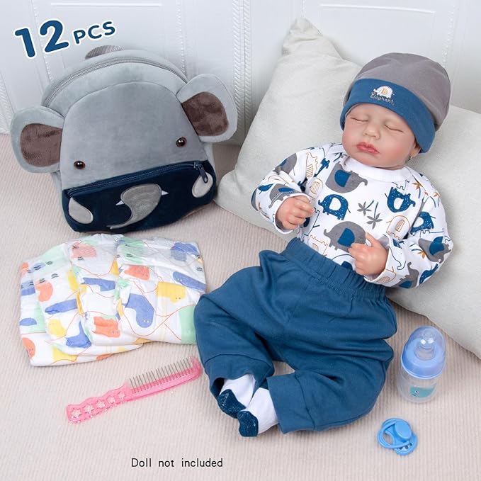 12 Pcs Reborn Baby Doll Clothes Set for 17-22 Inch Babydolls, Elephant Reborn Baby Doll Accessories and Clothes with Plush-Finish Backpack and Elephant Set for Realistic Babydolls Girls, Blue, White