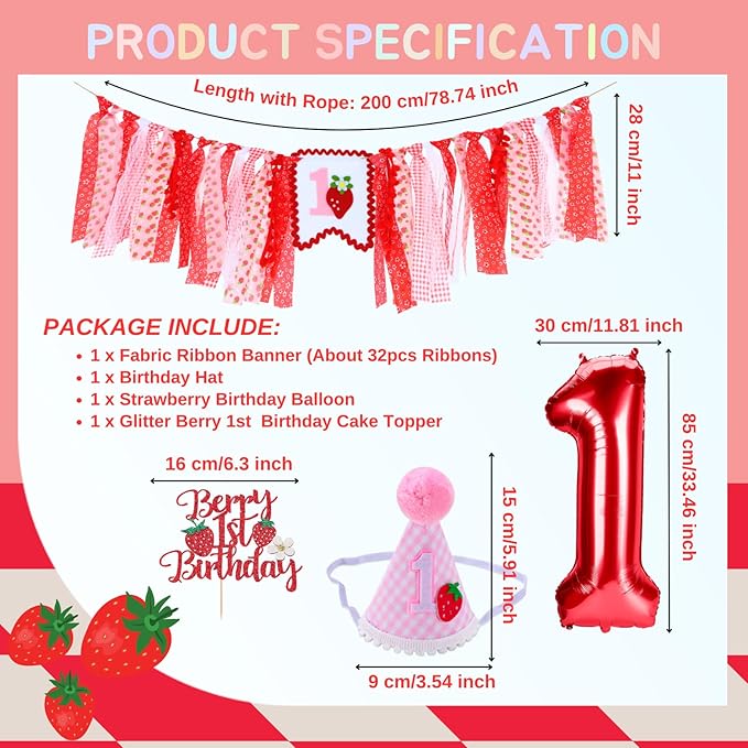 Strawberry Highchair Banner for Baby First Birthday Party Decorations Sweet Berry 1st Birthday High Chair Tassel Garland for Girls Baby Shower One Bday Strawberry Fabric Banner Backdrop Decors