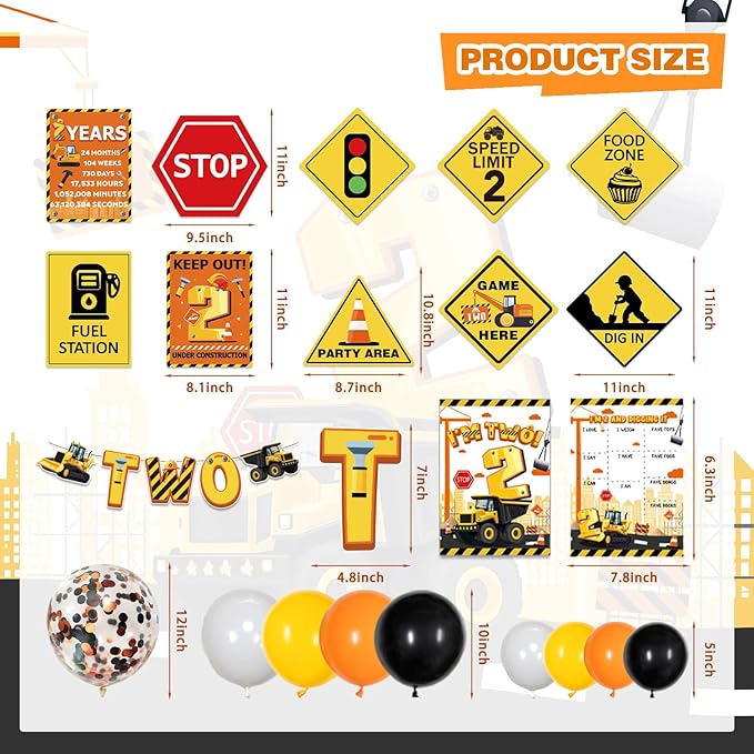 Mpanwen Construction Party Decorations for 2 Year Old Boy, 128Pcs Truck Construction 2nd Birthday Party Supplies for Baby Boys - Backdrop, Wall Signs, Tablecloth, Crown, Poster, Paper Glasses