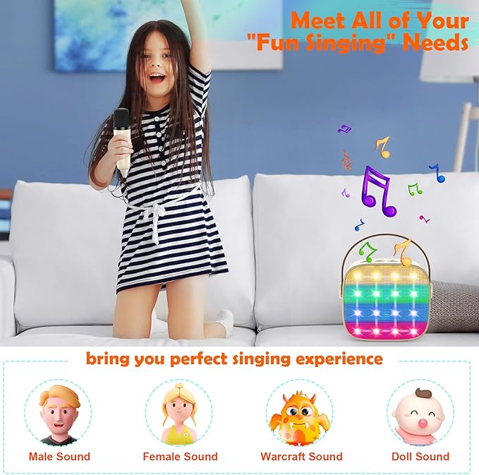 Bluetooth Karaoke Machine Toy for Kids- Mini Karaoke with 2 Wireless Microphone, Voice Changer & LED Lights, Portable Karaoke Mic for 3-8 Year Old Girls, Great for Birthday Home Party