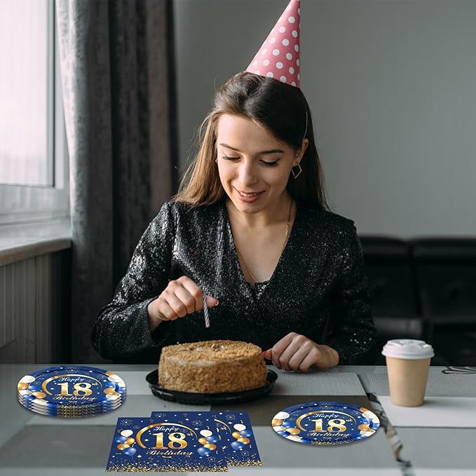 40Pcs 18th Birthday Decorations Kit for Boys Men, Navy Blue and Gold 18th Birthday Party Tableware Set Include Cheers to 18 Years Disposable Paper Plates Napkins for Time To Adult Party Supplies
