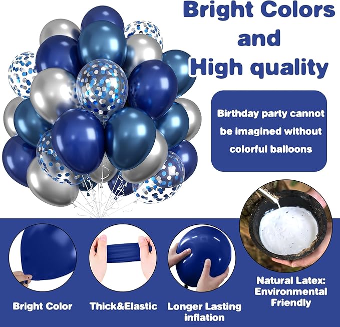 Navy Blue and Silver Balloons, 12 Inch Metallic Latex and Confetti Balloons for Birthday, Baby Shower, Graduation Decorations