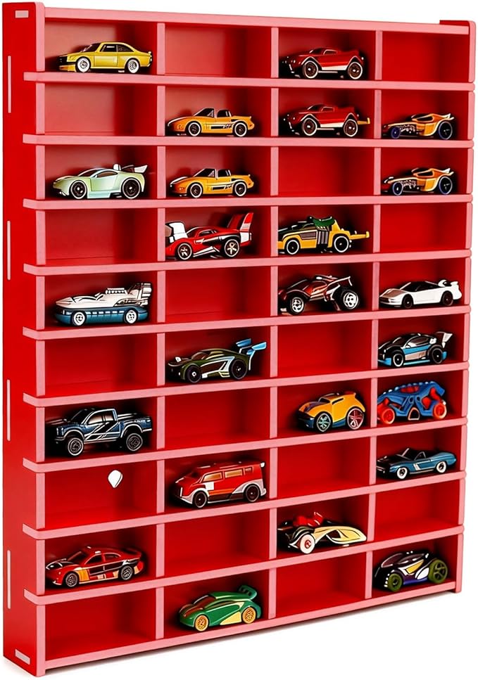Toy Car Display Shelf, Holds 40 Diecast 1/64 Toys Car, Wall Mount Model Cars Storage Organize Case (red 1/64 Toy Car Display Shelf)