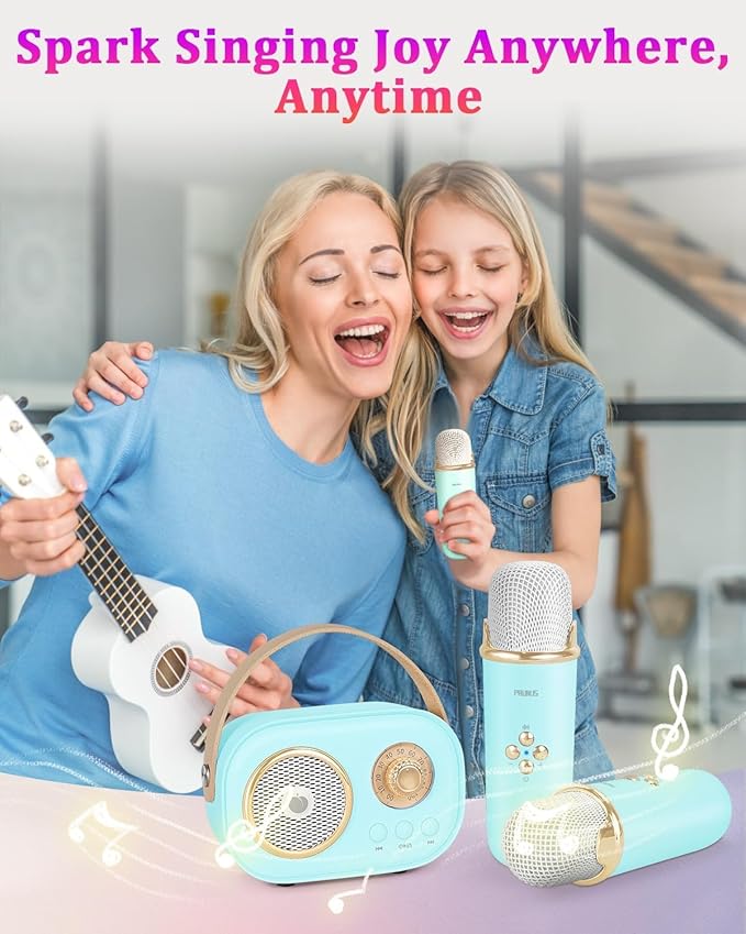 PRUNUS C20 Mini Karaoke Machine,Valentines Day Gifts for Her Him Kids Mens,Portable Bluetooth Speaker with 2 Wireless Microphone for Boys Girls 3-12+ Years Old Birthday Party Blue