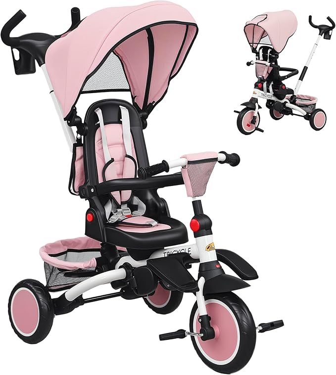 Qaba Kids Tricycle, 6 in 1 Foldable Baby Trike with Adjustable Push Handle, Tricycle Stroller with Removable Canopy, Reversible Seat, Safety Harness, Detachable Guardrail, Storage for 1-5 Years, Pink