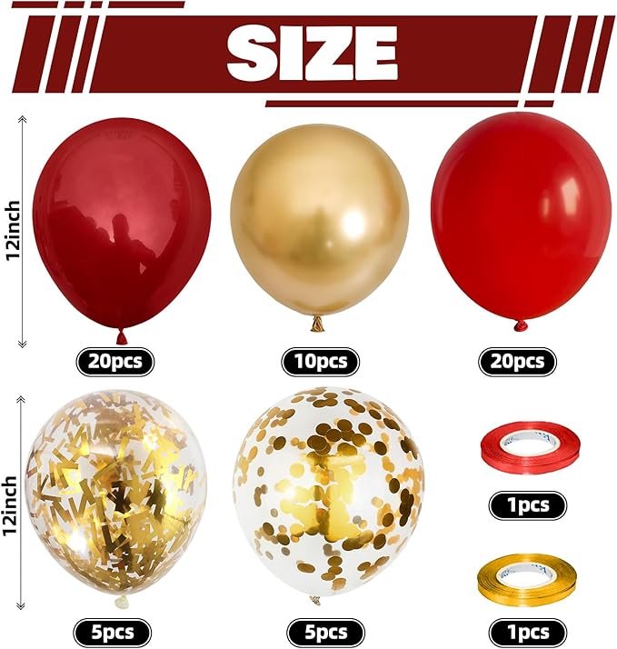 Red and Gold Balloon, 60 Pack 12 Inch Different Shades Red Party Balloons, Dark Red and Metallic Gold Confetti Balloons for Women Wedding Bridal Shower Birthday Christmas Party Decorations
