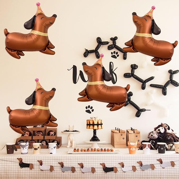 4 PCS Dog Balloons, Brown Dachshund Dog Balloon for Lets Pawty Dog Birthday Party Decorations Dog Birthday Party Supplies