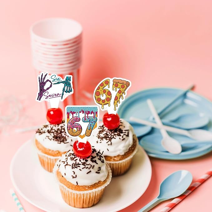 48PCS Six Seven Cupcake Toppers, Funny 6 7 Party Decorations Funny Six Seven Birthday Cake Decorations for Donut Ice Cream Baseball Meme 6 7 Theme Party Supplies