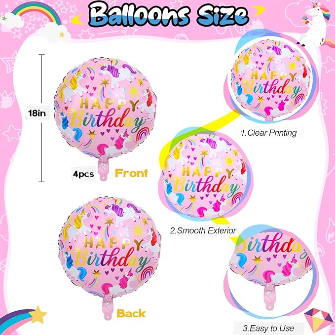 18 Inch Unicorn Balloons for Party Decor, 4PCS Round Rainbow Unicorn Foil Mylar Birthday Balloon for Girls Women Rainbow Themed Baby Shower Cute First unicorn Birthday Party Decorations Supplies