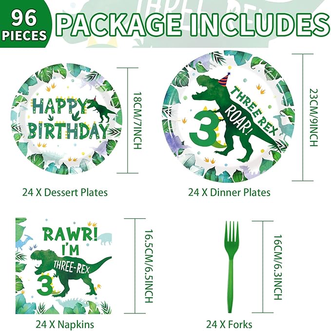 Grencian 96 PCS Dinosaur 3rd Birthday Party Supplies 350 GSM 3 Rex Dinosaur Plates and Napkins Tableware Set for Three Rex Birthday Decorations Boy Dino 3 Year Old birthday Party Decorations Serves 24