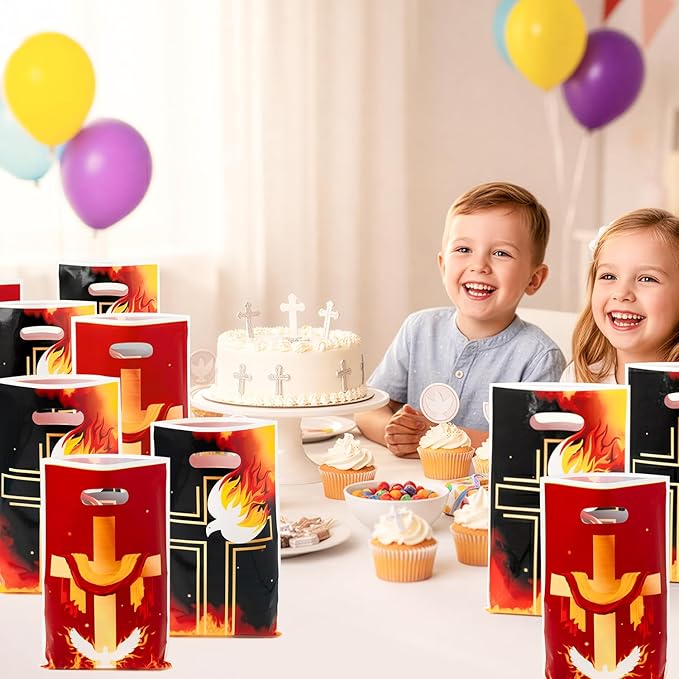 Pentecost Christian Party Favor Bags - 50Pcs Religious Christian Flame Cross Dove Goody Treat Bags, Jesus Holy Spirit Party Decoration for Pentecost Church Sunday School Liturgical Seasons