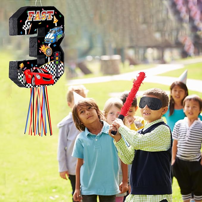 Race Car Piñata Pull String Cars Piñatas for Birthday Party Decorations Number 2 3 4 5 6 with Blindfold Stick Small Red Black Racing Theme 2nd 3rd 4th 5th 6th Party Supplies(Number 3)