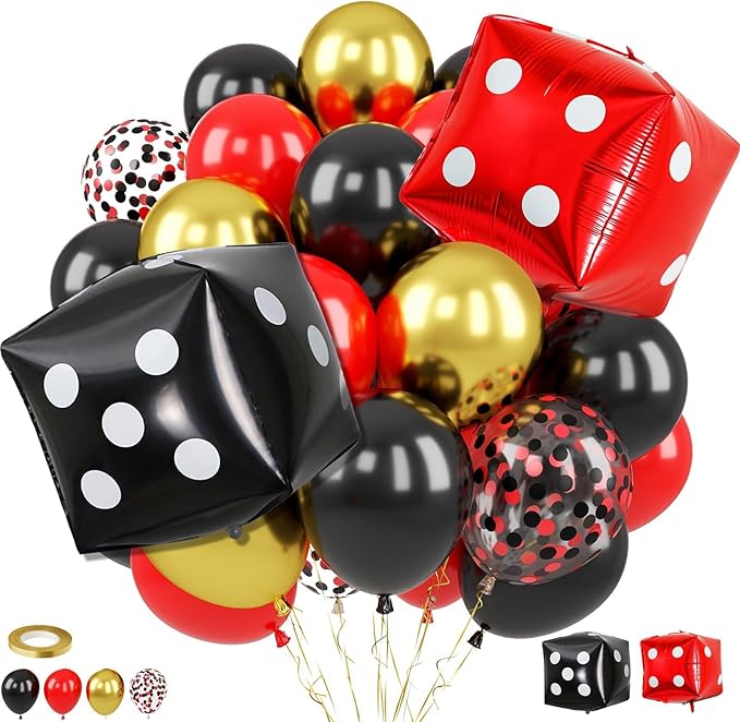 Casino Balloons, 12 Inch Black Red Metallic Gold Confetti Balloons with Dice Foil Balloons for Poker Las Vegas Game Night Theme Casino Party Supplies