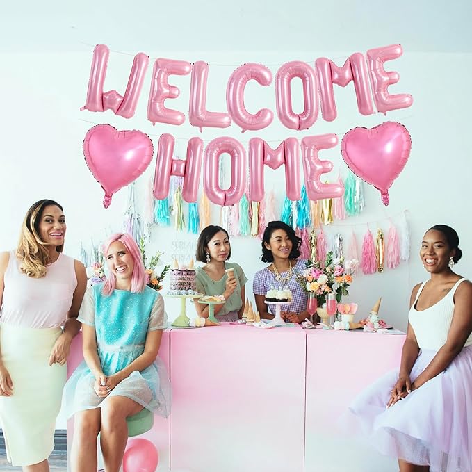 TONIFUL Welcome Home Balloons,16 Inch Pink Welcome Home Foil Balloons Banner Welcome Home Party Decorations for Homecoming Party Decorations House Warming Party Family Gathering Supplies