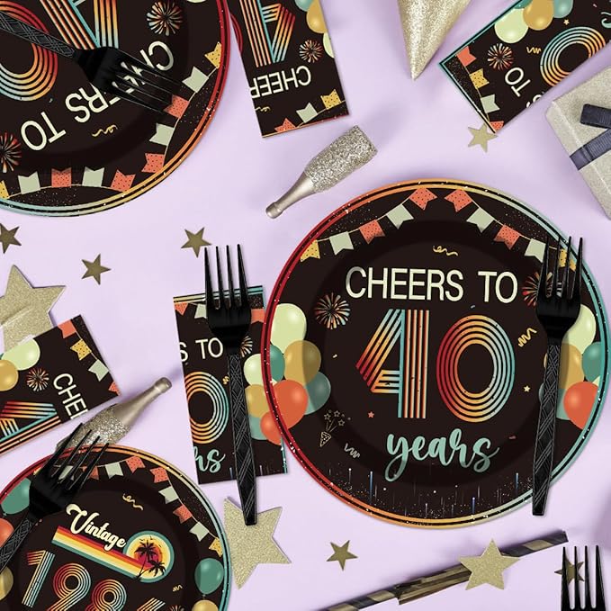 96Pcs Vintage 40th Birthday Decorations Tableware Set Back in 1986 Paper Plates Napkins Forks Cheers to 40 Years Disposable Tableware Decor for Women Men 40th Birthday Party Favor Serve 24 Guests