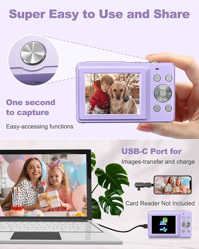 Digital Camera Small Camera for Photography Digital Point and Shoot Cameras with FHD 1080P, 32GB Card, 16X Zoom Anti Shake Kids Camera, Purple