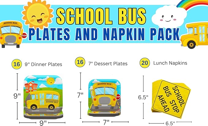 Blue Orchards School Bus Party Plates and Napkins (52 pieces for 16 Guests) - School Bus Party Supplies, School Bus Birthday Plates and Napkins, School Graduation Decorations
