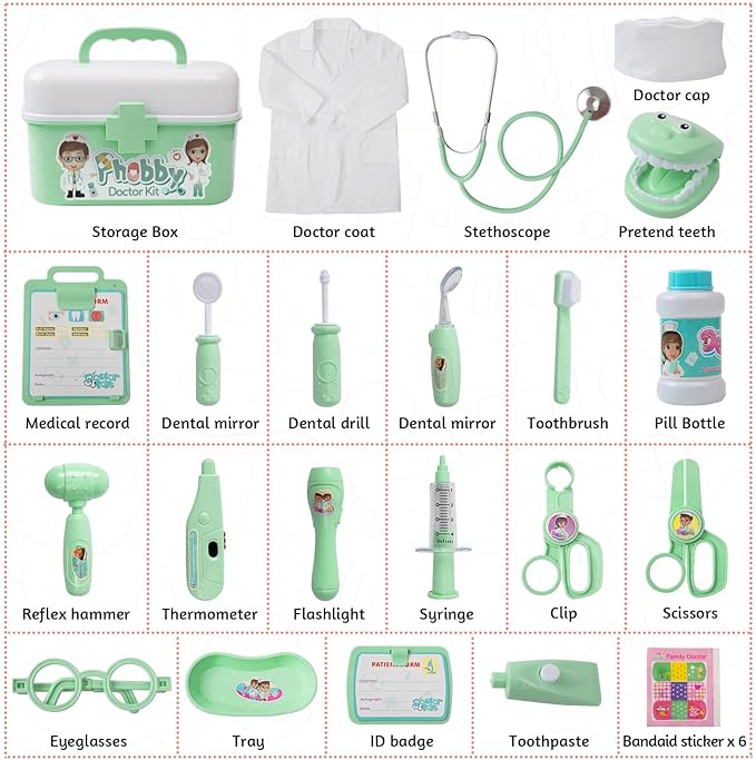 Durable Doctor Kit for Kids, 27 Pcs Deluxe Pretend Play Medical Kit Toy with Real Stethoscope, Doctor Kit for Toddlers Boys Girls Birthday Gift (Green)