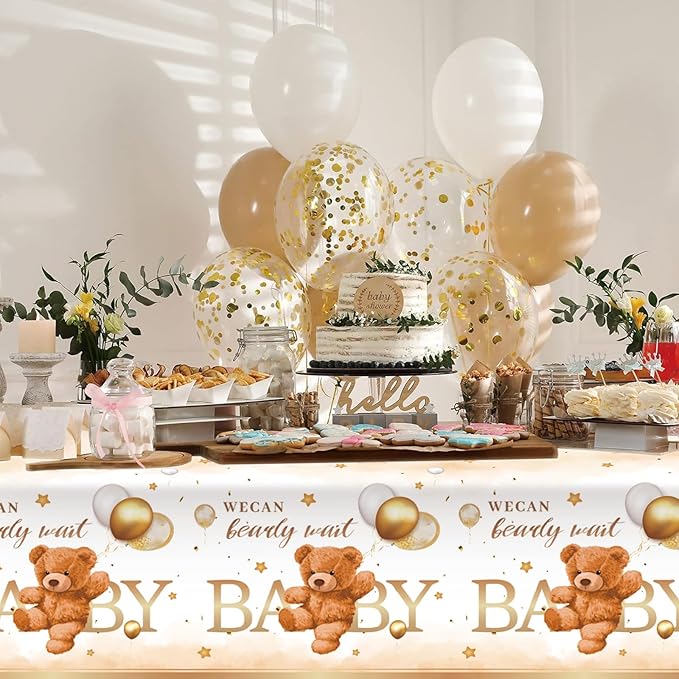 3PCS Bear Baby Shower Tablecloth, We Can Bearly Wait Teddy Bear Tablecloth Boho Brown Balloon Star Plastic Table Cover for Kids Birthday Party, Gender Reveal, Baby Shower, 51.2X 86.6inch