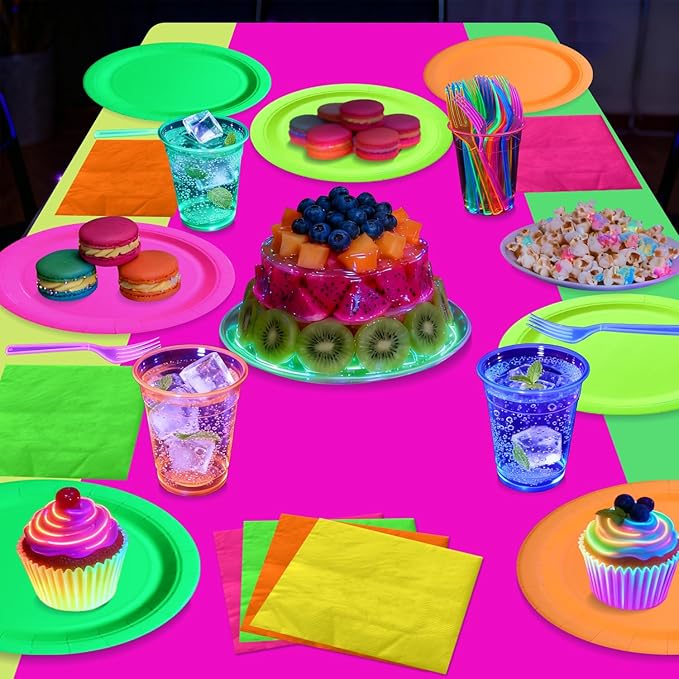 Glow Party Supplies Plates Set for 20 Guests, Including Multi-color Tablecloth, Forks, Napkins and Plates for Glow Birthday Decorations Neon Party Decorations