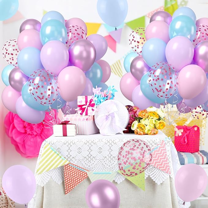 Pastel Pink Blue Purple Balloons, 50pcs Metallic Pearl Latex Balloons Birthday Balloon for Girls Birthday Decoration Baby Shower Party Supplies
