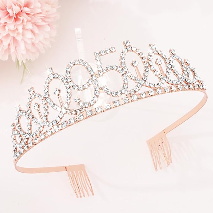 CIEHER 95th Birthday Crown and Sash, 95 & Fabulous Sash, 95th Birthday Decorations for Women - Rose Gold