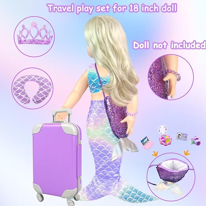 18 inch Girl Doll Accessories Case Luggage Travel Play Set with Clothes Camera Travel Pillow Bag Dress Glasses Stuff Fit 18 inch Doll Christmas Birthday Gift