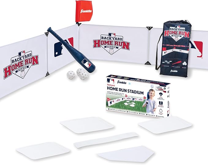 Franklin Sports MLB Kids Backyard Baseball Stadium - Kids Plastic Baseball Set with Home Run Walls, Bat, Plastic Balls + Throw Down Bases - 14' Fence for Backyard Diamond