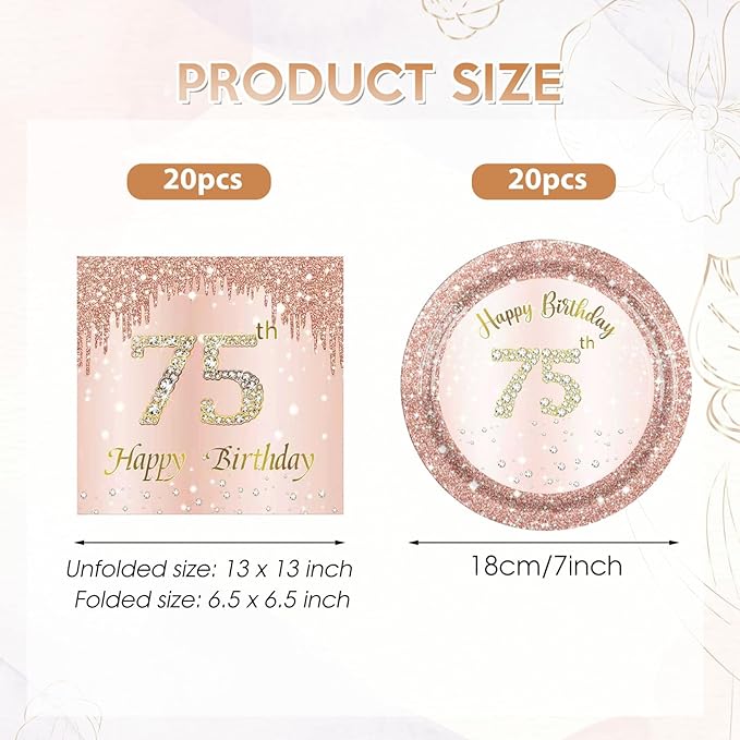 75th Birthday Decorations for Women,75th Birthday Party Plates and Napkins,Rose Gold 75 Year Old Party Theme Tableware 75 Party Table Decorations Supplies,Disposable 7'' Paper Plates, Napkins