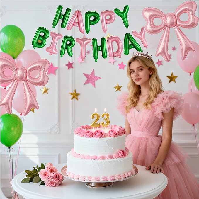 Pink and Green Happy Birthday Balloons, 31”Huge Pink Bow Aluminum Foil Balloons for Girl Woman Birthday Princess Bachelorette Witch Party Decorations Supplies