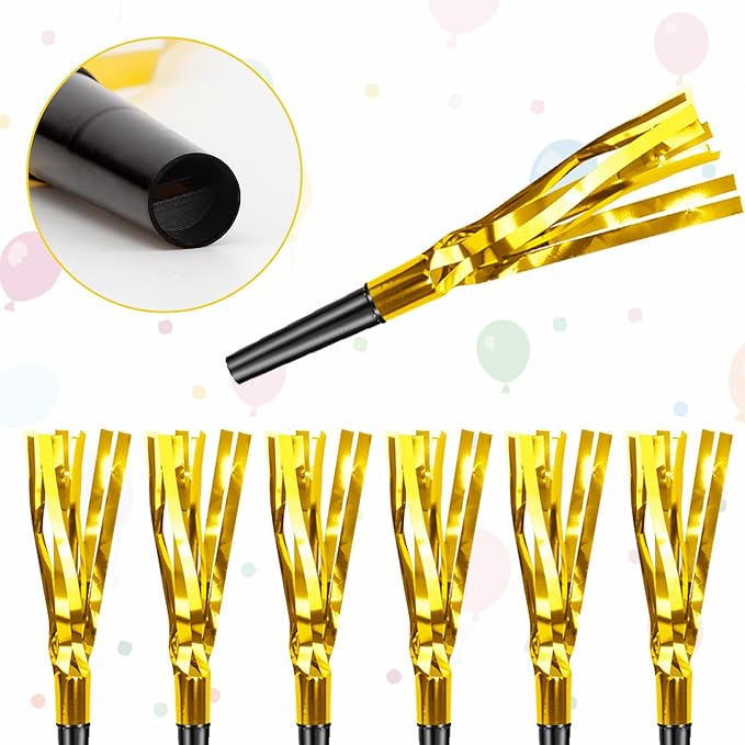 Gold New Years Noise Makers 24 PCS Glitter NYE Party Blowers Blowouts New Years Eve Games Favors Supplies Birthday Pep Rally for Adult Prank Graduation Sporting Events Horns Noisemakers Accessories