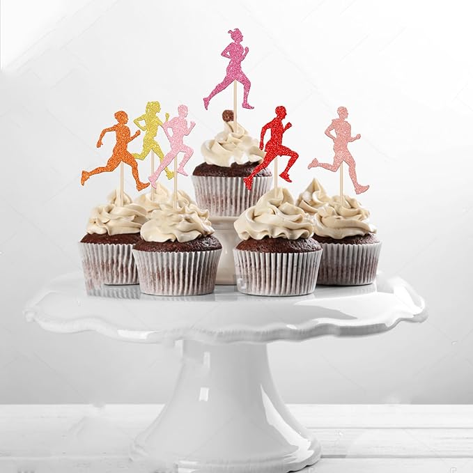 24 PCS Running Cupcake Toppers Glitter Sports Fitness Run Cupcake Picks for Running Theme Boys Girls Marathon Birthday Party Cake Decorations Supplies Multi Colors