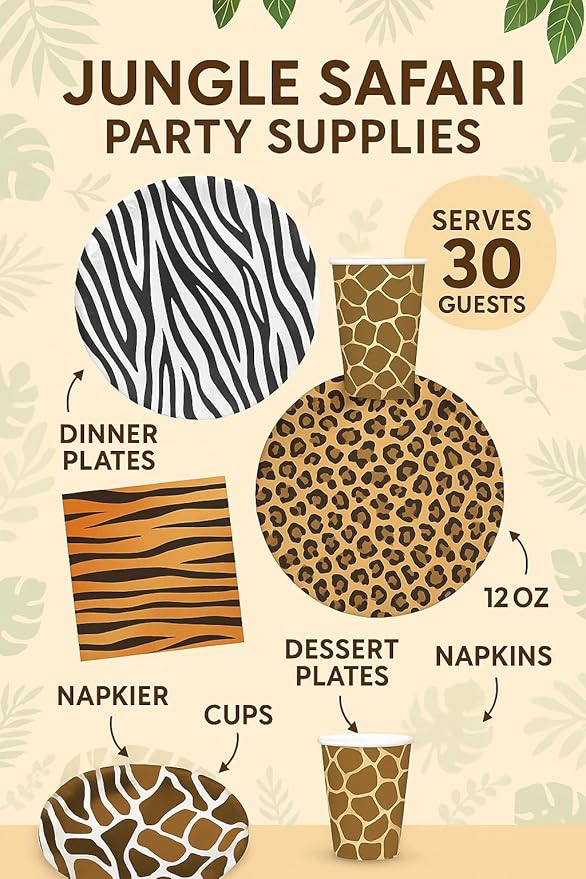 Serves 30 Guest Jungle Safari Zoo Animal Print Birthday Party Supplies Pack 9" Dinner Plates 7" Dessert Plates 12 oz Cups Napkins Zoo Animal Print Jungle Safari Themed
