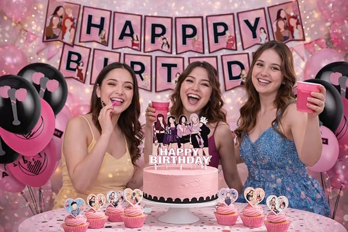 KPOP Black Pink Girl Group Birthday Party Kit Supplies with Cake Topper, Balloons, Banner, Cupcake Toppers & Birthday Sash – Easy Setup Party Supplies for Girls, Teens & Adults