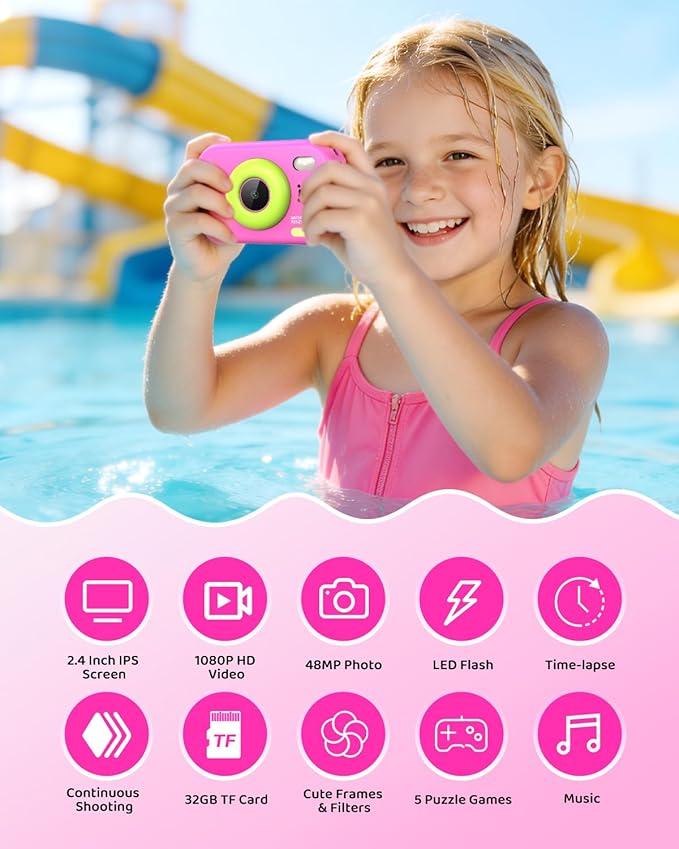 Waterproof Kids Camera, Underwater Camera for Kids 1080P Digital Video Camcorder with 2.4” Display, 32GB TF Card, Emergency LED Flash, Diving Swimming Beach Pool Toys for 3-12 Years Old Girls, Pink