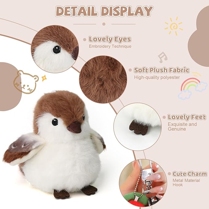 Bird Stuffed Animal Realistic Cute Sparrow Bird Plush Backpack Pendant Simulation Toy Plush Suitable Christmas Birthday Valentine's Day Gift for Kids