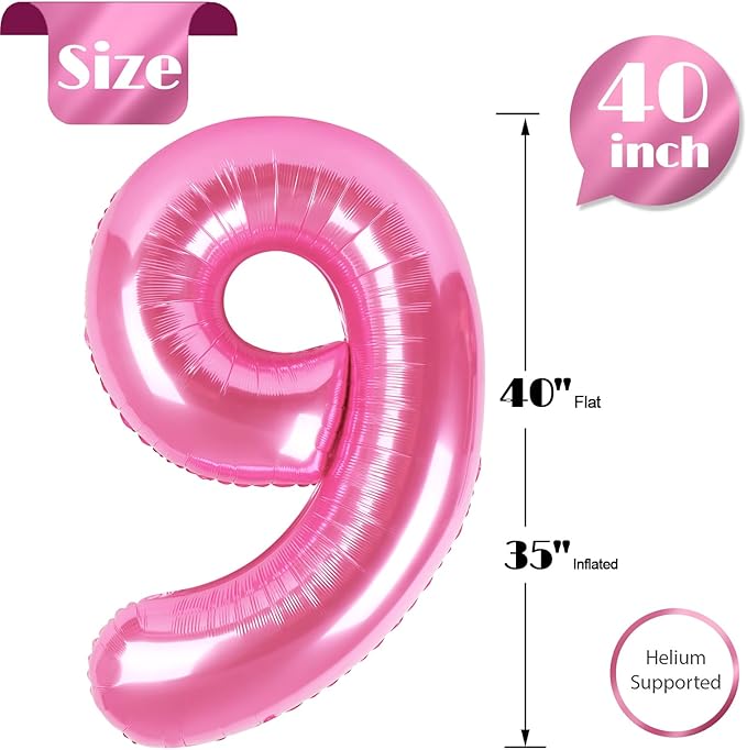 Pink 9 Balloon, Number Balloons 40 Inch, 9th Giant Birthday Decorations for Girls, 19th 29th Party Decorations Supplies, Number 9 Balloon