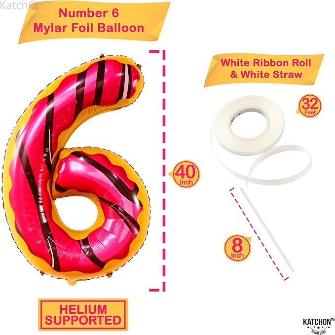 KatchOn, Giant Number 6 Donut Balloon - 40 Inch | Donut 6 Balloon for donut Birthday Decorations, 6 Number Balloons | Number Balloons for Wedding Anniversary